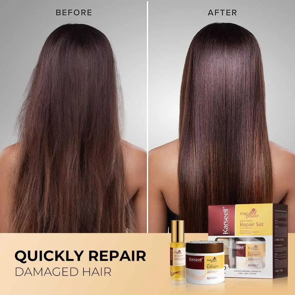 KARSEELL Maca Essence Power Collagen Hair Mask 500ML and Argan Oil 50ML repair set with nourishing hair treatment products.