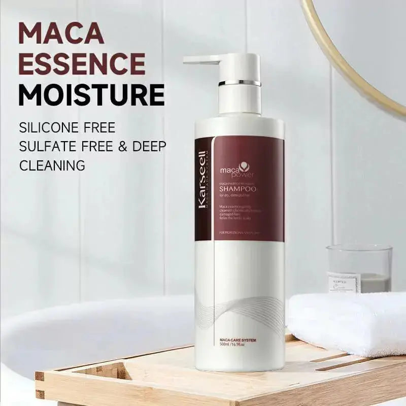 Karseell Maca Power Argan Oil Shampoo bottle with herbal extract, deep moisturizing for dry and damaged hair, 500 ml.