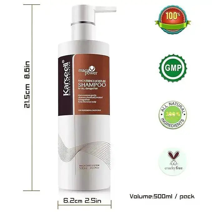 Karseell Maca Power Argan Oil Shampoo with herbal extracts, deep moisturizing for dry and damaged hair, 500 ml bottle.