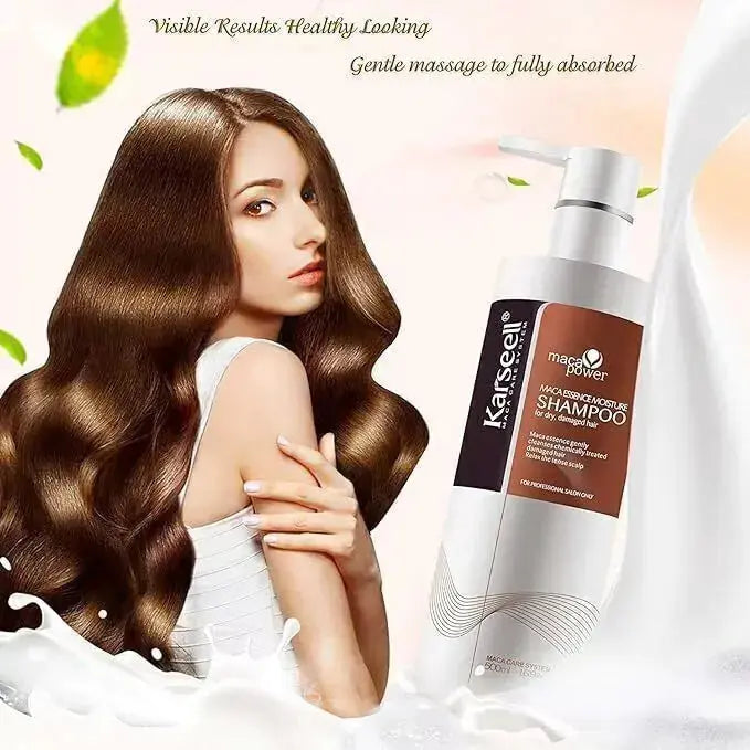 Karseell Maca Power Argan Oil Shampoo bottle with herbal extract for deep moisture, ideal for dry and damaged hair, 500 ml