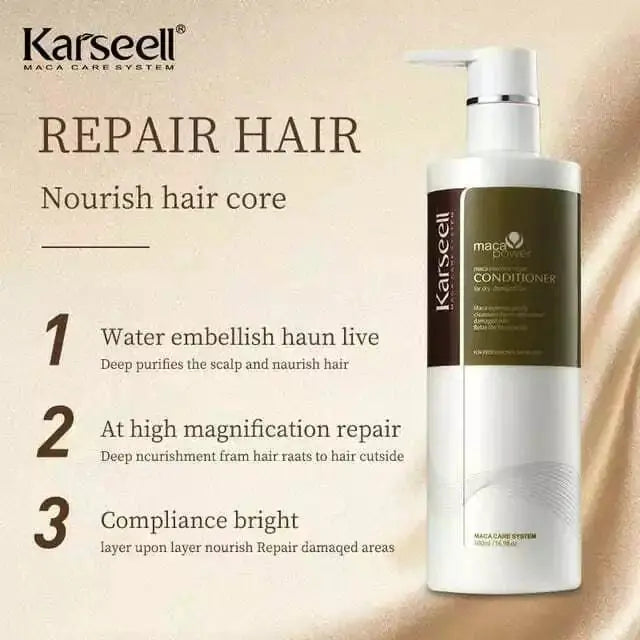 Karseell Maca Power Conditioner bottle showing shiny, smooth hair after use, 500 ml size for enhanced hair health and shine.