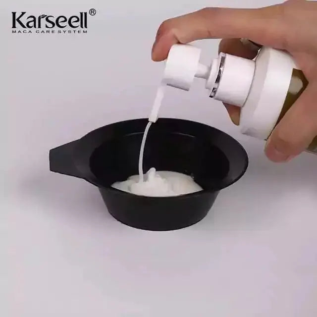 KARSEELL Maca Power Conditioner bottle showing shiny, smooth hair after use, 500 ml size for nourishing hair care.