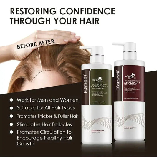 Karseell Maca Power Conditioner bottle showing shiny, smooth hair after use, 500 ml size, with brand logo visible.