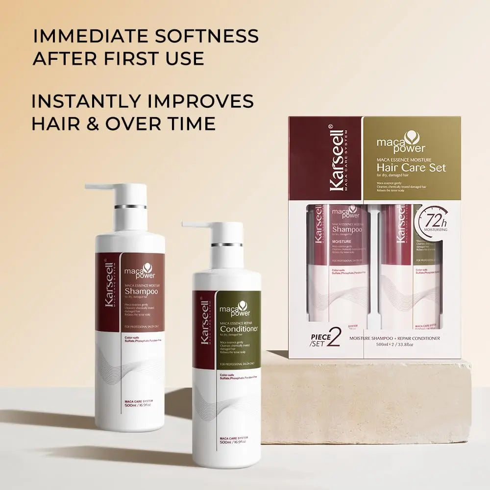 KARSEELL Maca Power Maca Essence Collagen Moisture Hair Care Set featuring shampoo, conditioner, and hair treatment for nourishing hair.