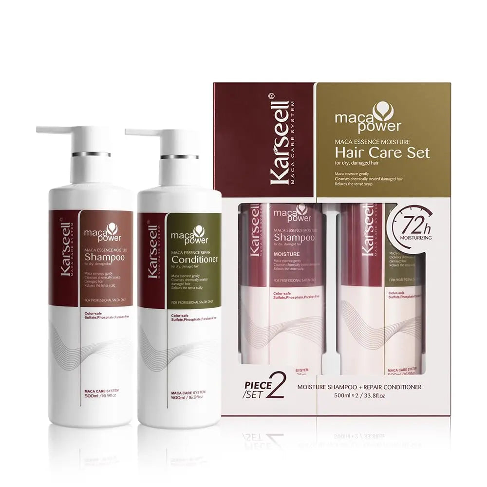 KARSEELL Maca Power Maca Essence Collagen Moisture Hair Care Set with shampoo and conditioner bottles on white background