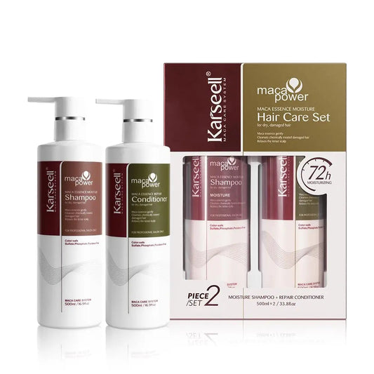 KARSEELL Maca Power Maca Essence Collagen Moisture Hair Care Set with shampoo and conditioner bottles on white background