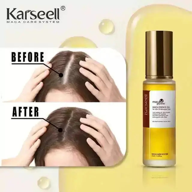 Karseell Maca Power Maca Essence with Moroccan Argan Oil in a 50 ml bottle, showing the product bottle and packaging.