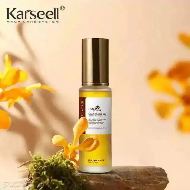 Karseell Maca Power Maca Essence with Moroccan Argan Oil in a 50 ml bottle, featuring a clear label and golden cap.