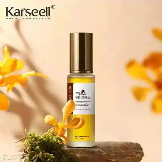 Karseell Maca Power Maca Essence with Moroccan Argan Oil in a 50 ml bottle, featuring a clear label and golden cap.
