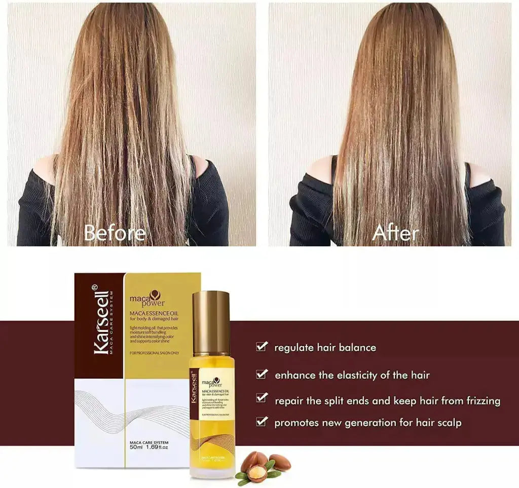 Karseell Maca Power Maca Essence with Moroccan Argan Oil in 50ml bottle, showing the product and packaging.