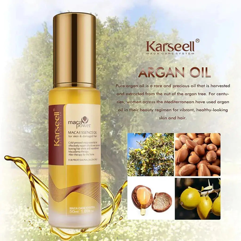 Karseell Maca Power Maca Essence with Moroccan Argan Oil in a 50 ml bottle, showcasing the product's rich oil and packaging.