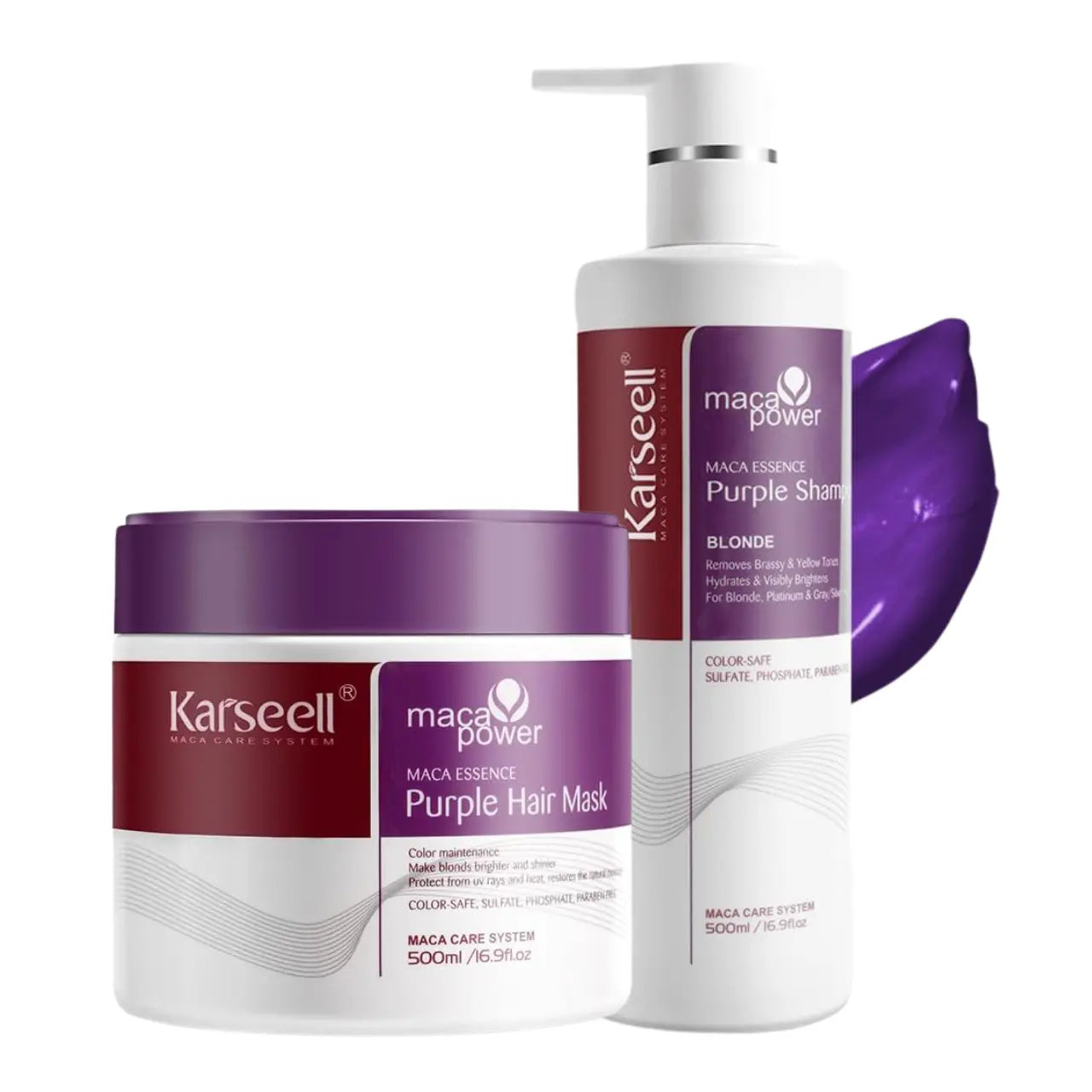 KARSEELL Maca Power Purple Mask and Shampoo set for colored hair, featuring nourishing hair care products with purple formula.
