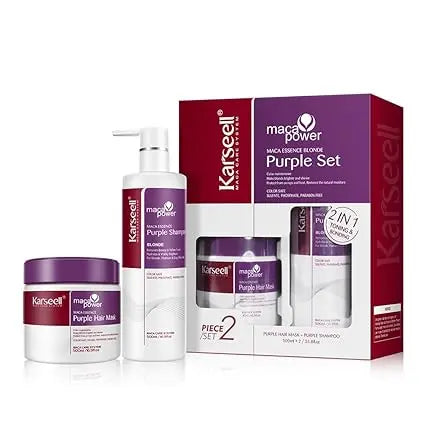 KARSEELL Maca Power Purple Mask and Shampoo Set for colored hair, featuring vibrant purple packaging and hair care products.