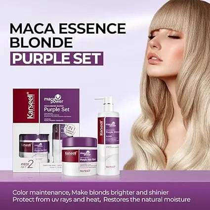 KARSEELL Maca Power Purple Mask and Shampoo set for colored hair, featuring vibrant purple packaging and hair care products.