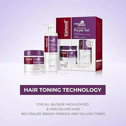 KARSEELL Maca Power Purple Mask and Shampoo set for colored hair, featuring vibrant purple packaging and product textures.