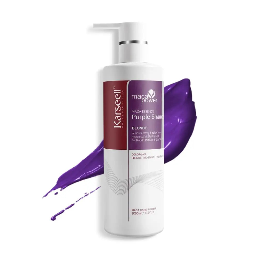 KARSEELL Maca Power Purple Mask and Shampoo set for colored hair, featuring violet shampoo and nourishing purple hair mask.