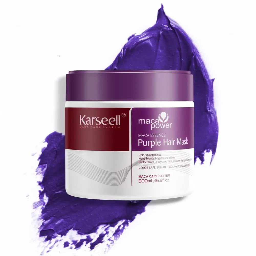 KARSEELL Maca Power Purple Mask and Shampoo set for colored hair, featuring vibrant purple packaging and hair care products.