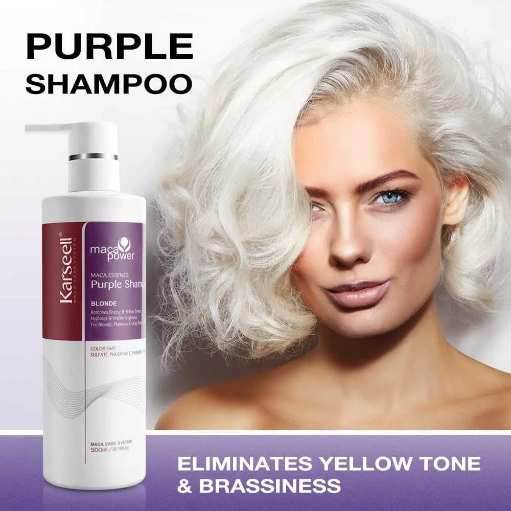 KARSEELL Maca Power Purple Mask and Shampoo set for colored hair, featuring purple hair care products with vibrant packaging.