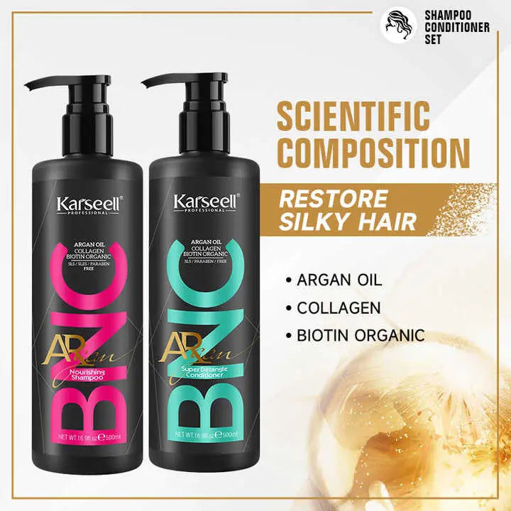 KARSEELL Argan Oil Collagen Biotin shampoo and conditioner set, 500ml each, with nourishing and hair detangling properties.