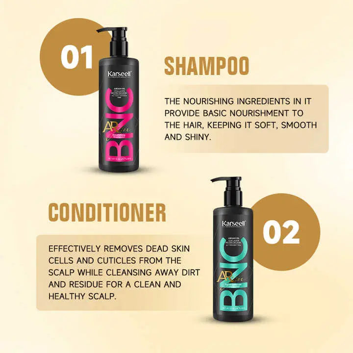 KARSEELL Argan Oil Collagen Biotin nourishing shampoo and super detangle conditioner set, 500ml bottles, with natural ingredients.