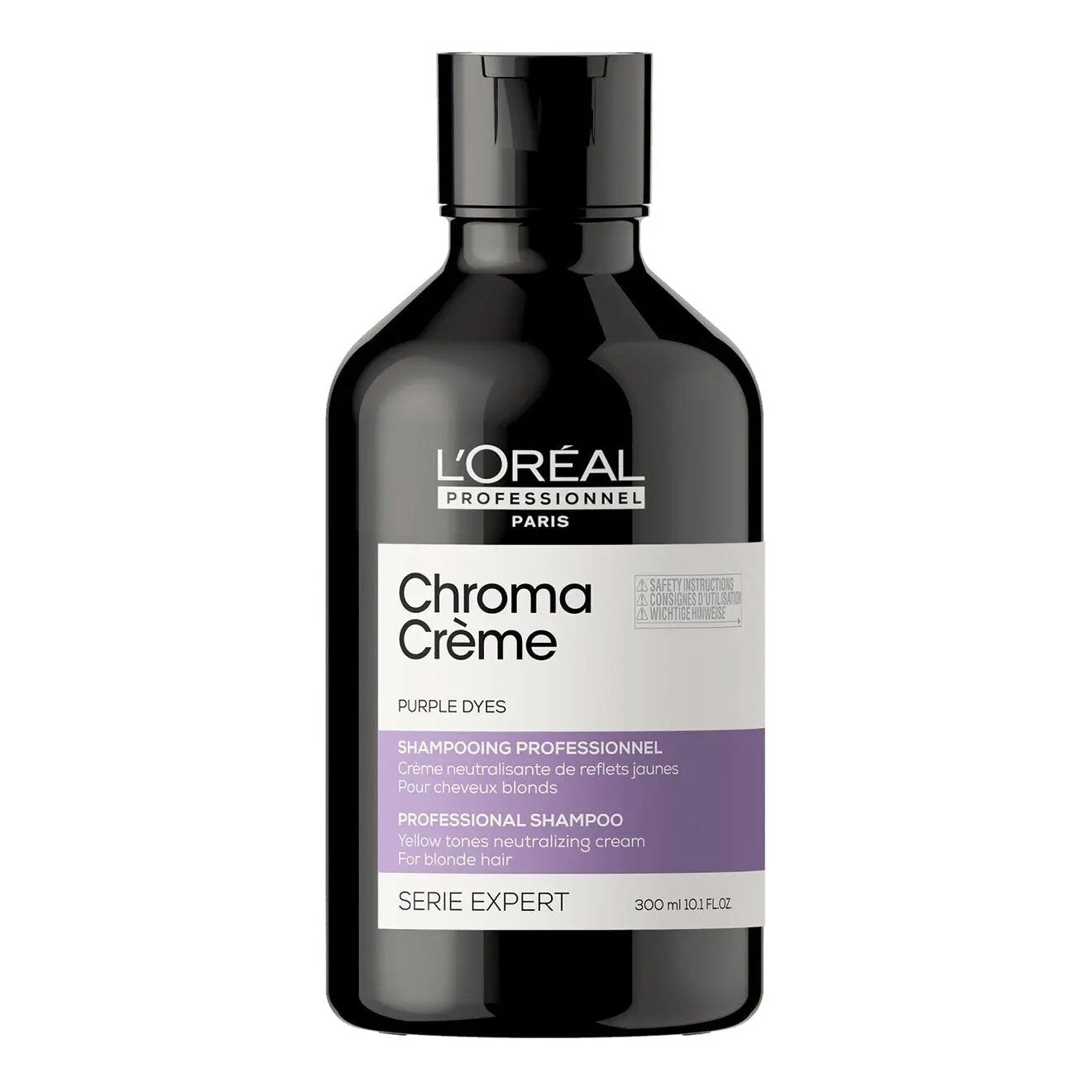 L'OREAL PROFESSIONNEL Chroma Creme Purple Shampoo bottle, 300ml, with purple color and product label visible.
