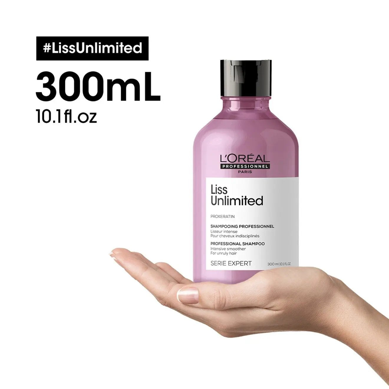 L'Oreal Professionnel Liss Unlimited shampoo for frizzy and straightened hair, 300ml bottle with sleek packaging.