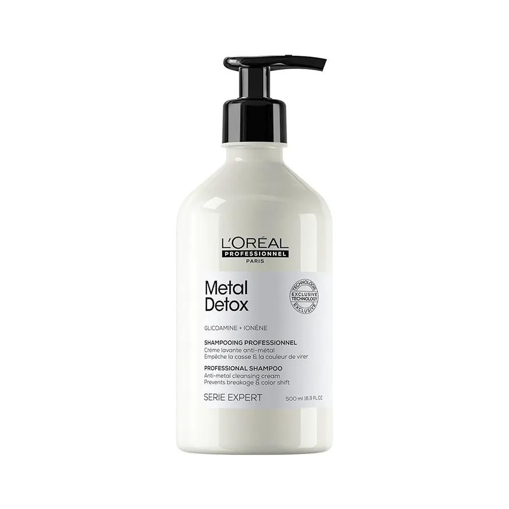 L'Oreal Professionnel Metal Detox sulfate-free shampoo bottle with Glicoamine and Ionene for hair breakage, 300ml.