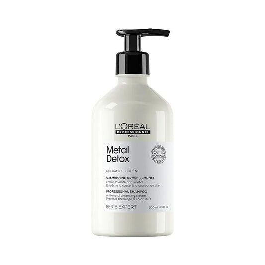 L'Oreal Professionnel Metal Detox sulfate-free shampoo bottle with Glicoamine and Ionene for hair breakage, 300ml.