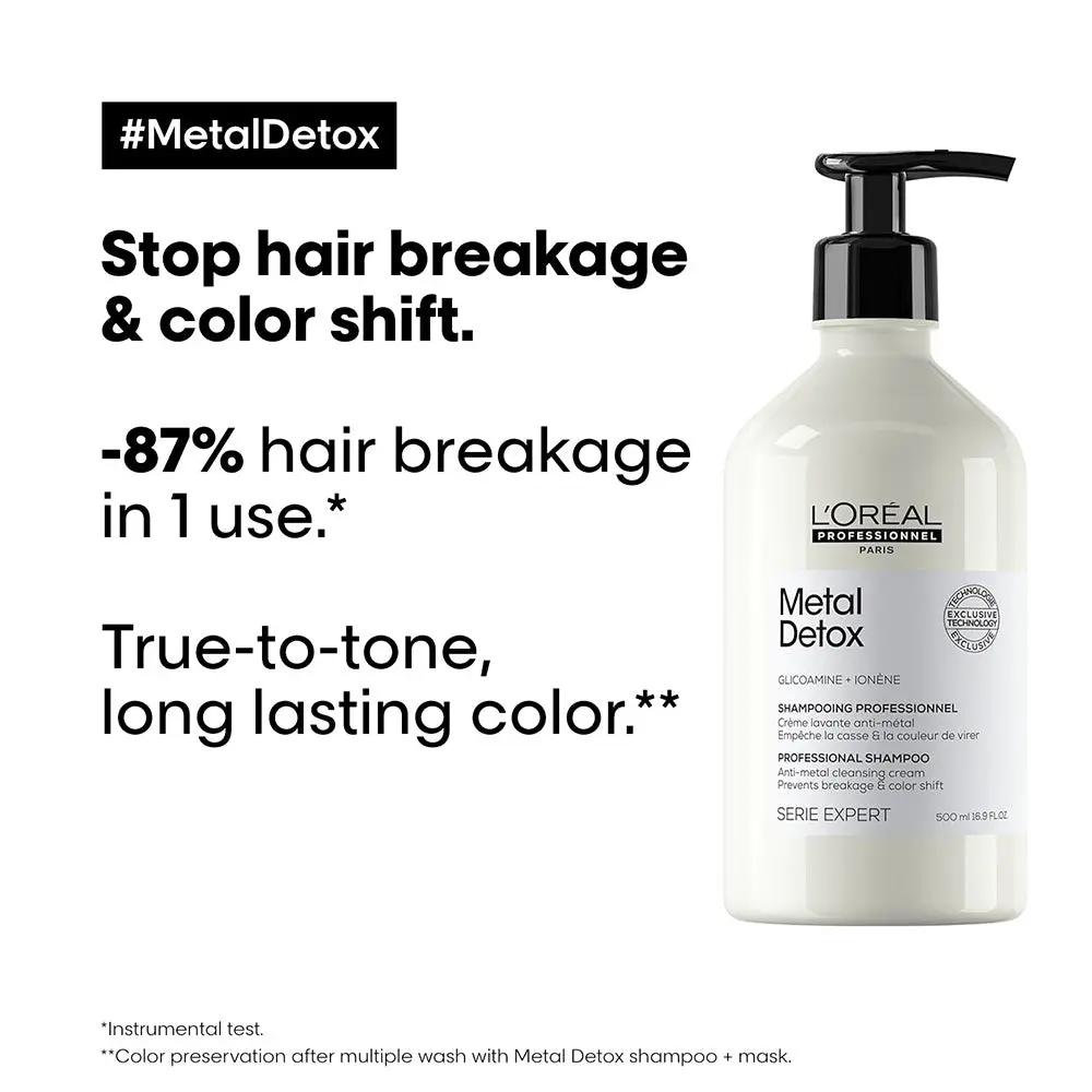 L'Oreal Professionnel Metal Detox sulfate-free shampoo bottle with Glicoamine and Ionene for hair breakage, 300ml