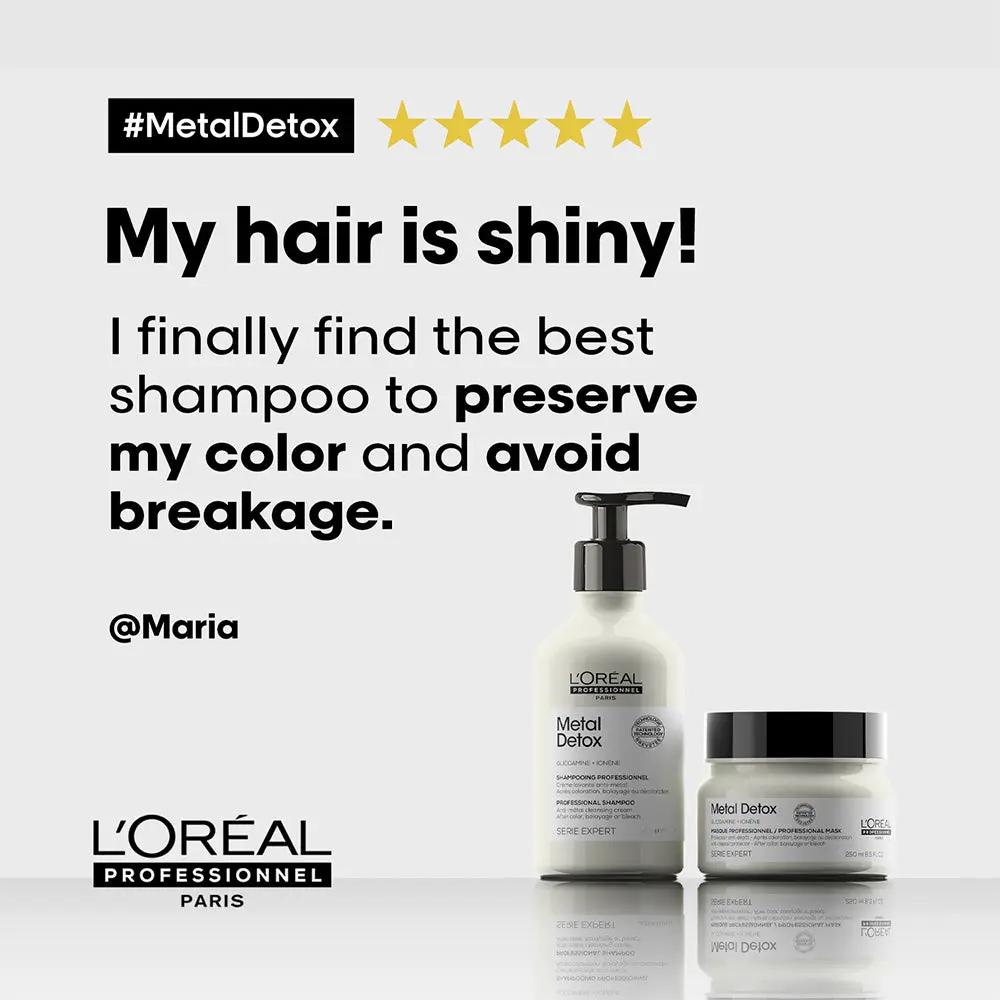 L’Oreal Professionnel Metal Detox sulfate-free shampoo bottle with Glicoamine and Ionene for damaged, breakage-prone hair.