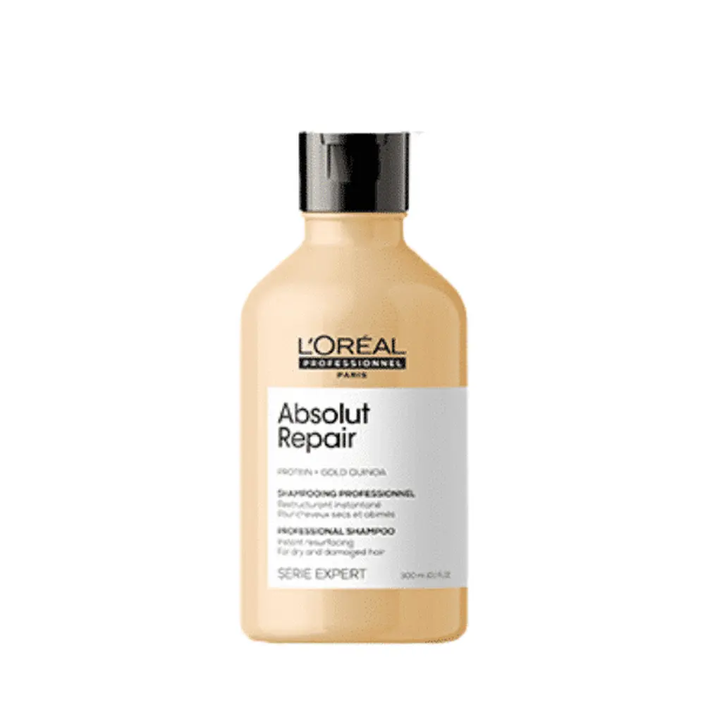 L'OREAL PROFESSIONNEL Serie Expert Absolut Repair shampoo bottle, 300ml, with sleek label and product details visible.