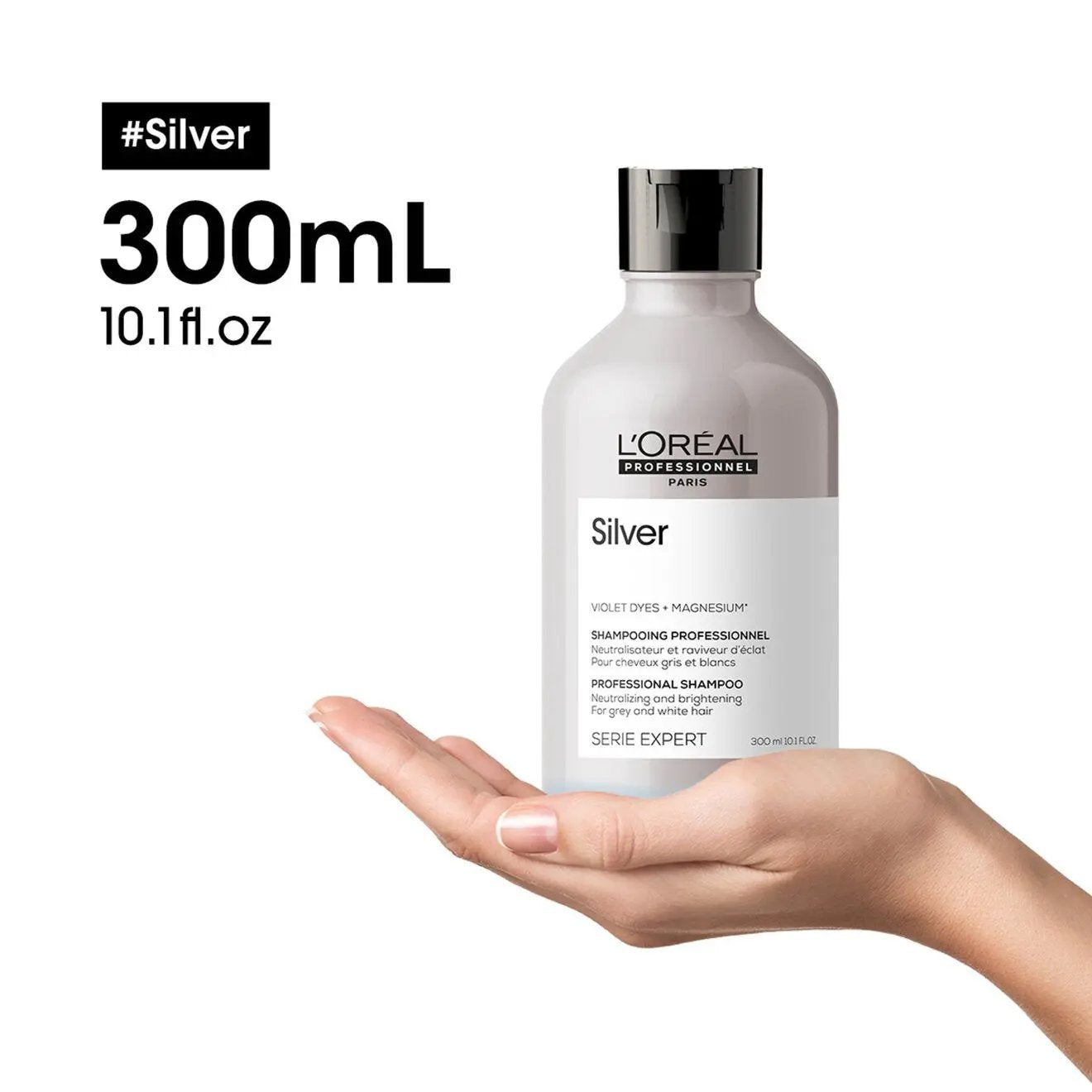L'OREAL PROFESSIONNEL Silver Shampoo bottle for grey, white, or light blonde hair, 300 ml, with silver-toned packaging.