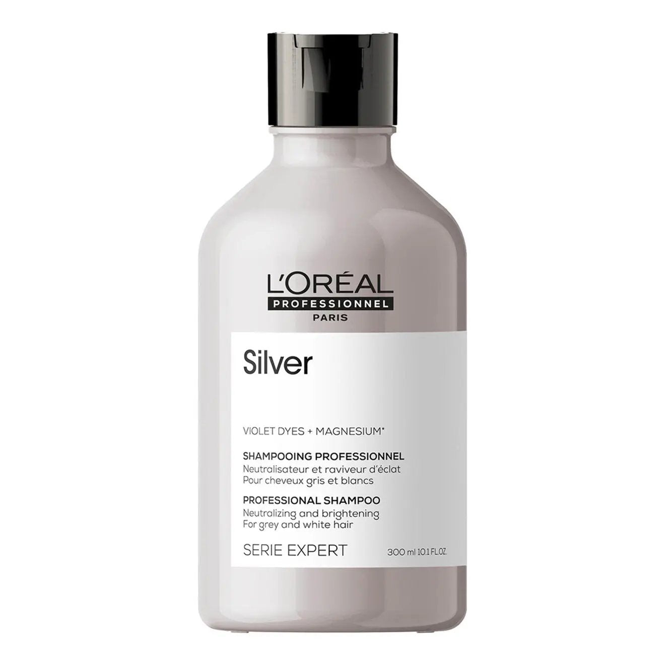 L'Oreal Professionnel Silver Shampoo bottle for grey, white, or light blonde hair, 300ml, with purple and silver packaging.