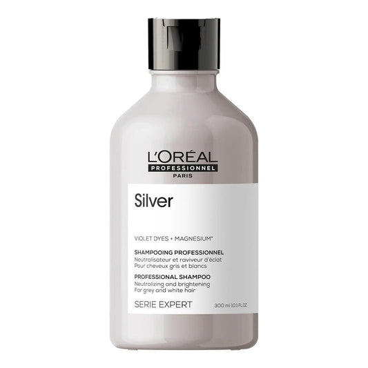 L'Oreal Professionnel Silver Shampoo bottle for grey, white, or light blonde hair, 300ml, with purple and silver packaging.