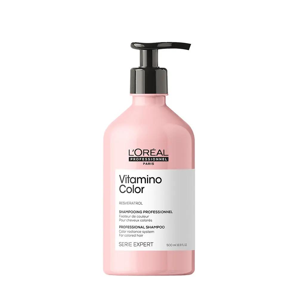 L'Oreal Professionnel Vitamino Color Shampoo with Resveratrol for color-treated hair, showing the 300ml bottle with label and cap