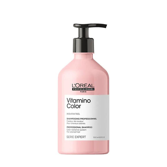 L'Oreal Professionnel Vitamino Color Shampoo with Resveratrol for color-treated hair, showing the 300ml bottle with label and cap