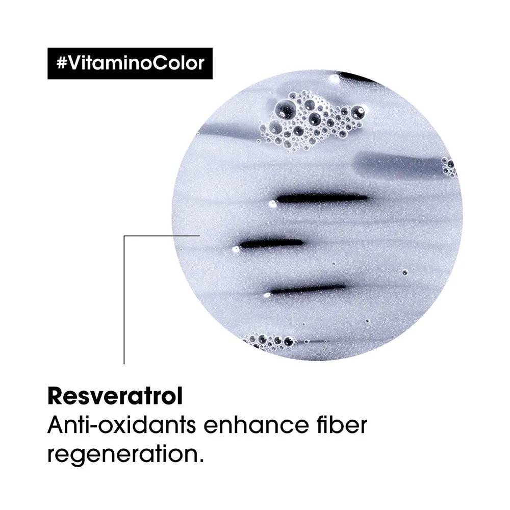 L'Oreal Professionnel Vitamino Color Shampoo with Resveratrol for color-treated hair, 300ml bottle, showing the shampoo in a sleek container.