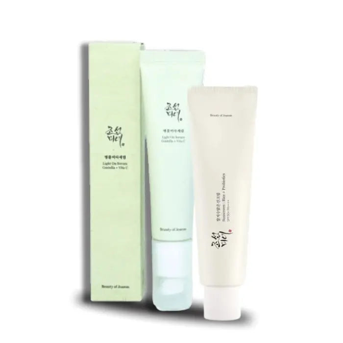 Beauty of Joseon Light On Serum, Centella, Vita C, and Relief Sun Rice SPF50 combo set for combination skin.