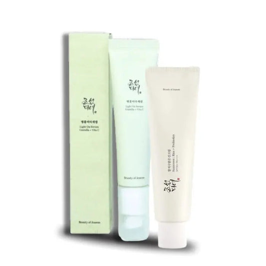 Beauty of Joseon Light On Serum, Centella, Vita C, and Relief Sun Rice SPF50 combo set for combination skin.