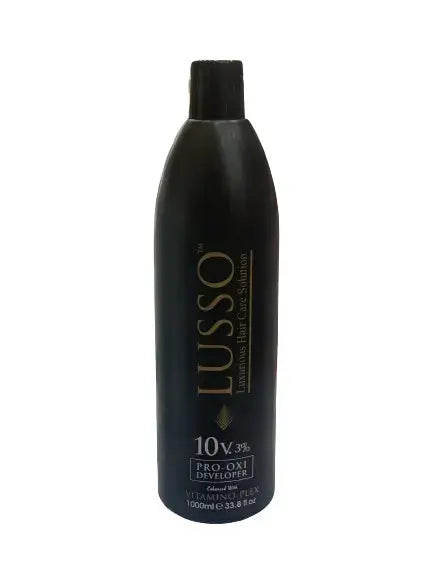 Lusso Pro Oxi Developer 1000 ml bottle, professional hair coloring developer, clear plastic container with label.