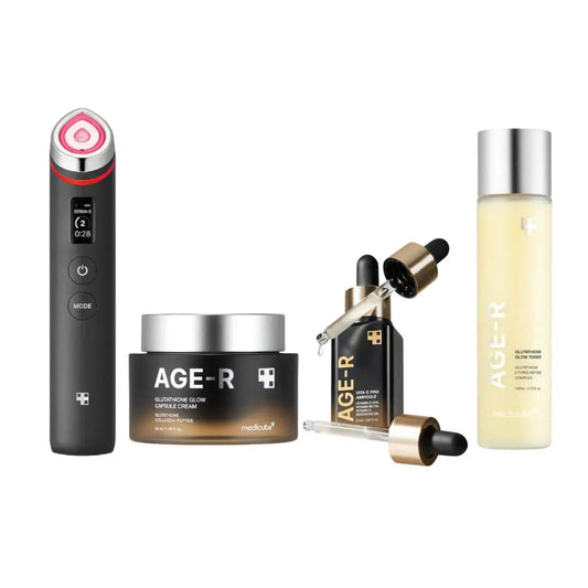 Medicube AGE-R Bloom Glow 4-piece skincare set with serums and creams for radiant, youthful skin.