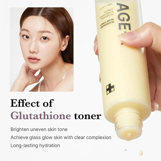 Medicube Age-R Glutathione Glow Toner 140 ML bottle with white and gold packaging, designed for brightening and skin renewal.