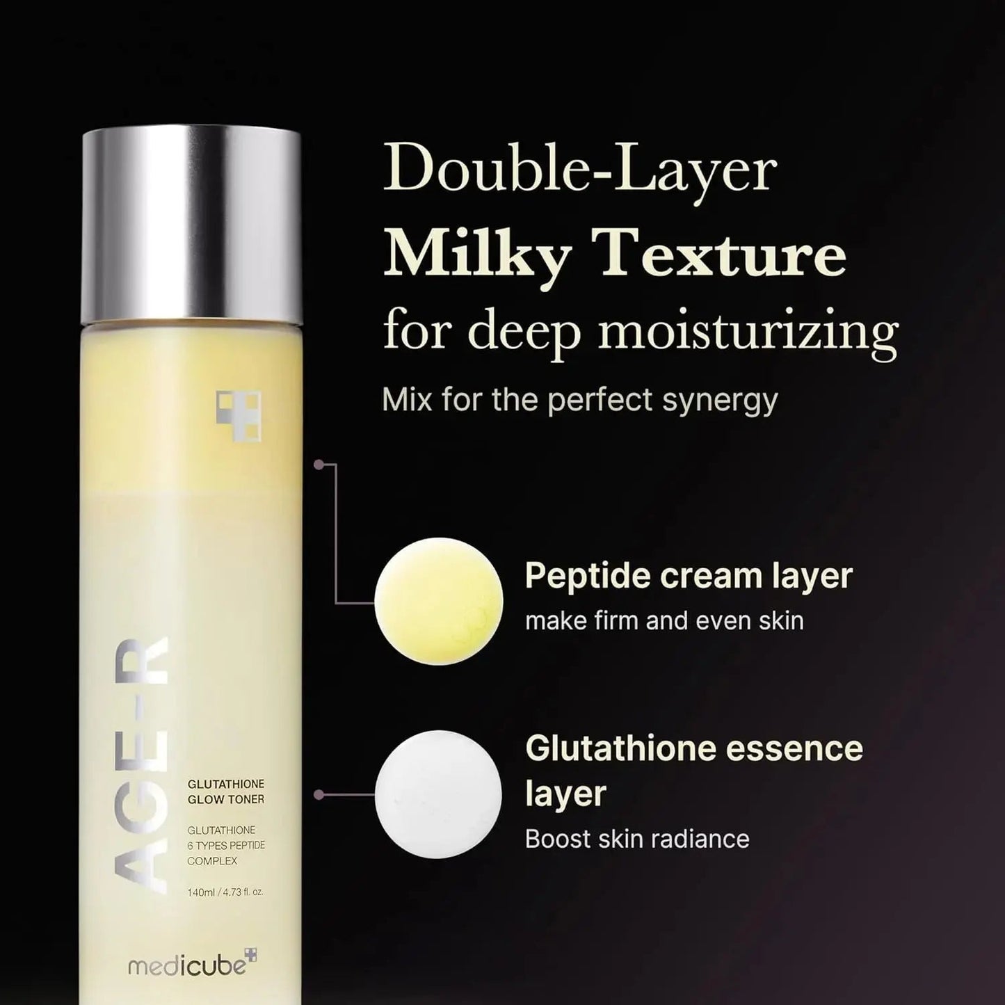 Medicube Age-R Glutathione Glow Toner in a 140ML bottle, featuring clear liquid and a sleek label, for brightening and skin rejuvenation.