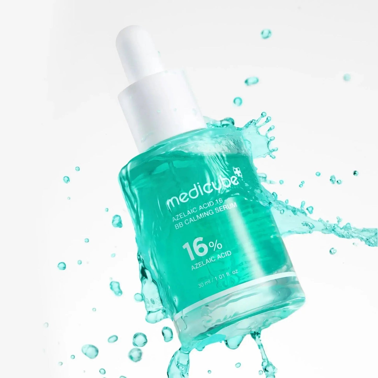 Medicube Azelaic Acid 16% BB Calming Serum bottle, 30 ml, with white and blue packaging and dropper applicator.
