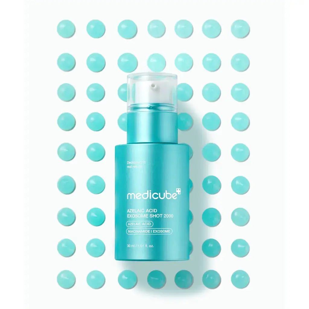 Medicube Azelaic Acid Exosome Shot Serum 2000 & 7500, 30 ml, featuring a clear bottle with dropper for skincare treatment.