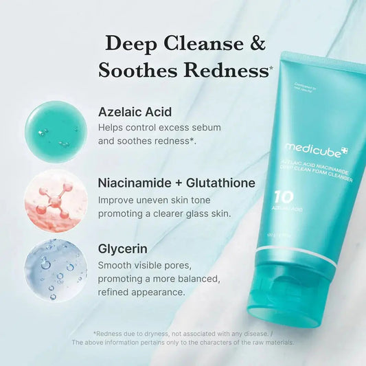Medicube Azelaic Acid and Niacinamide Deep Clean Foam Cleanser 120g with gentle foaming for clear, refreshed skin.
