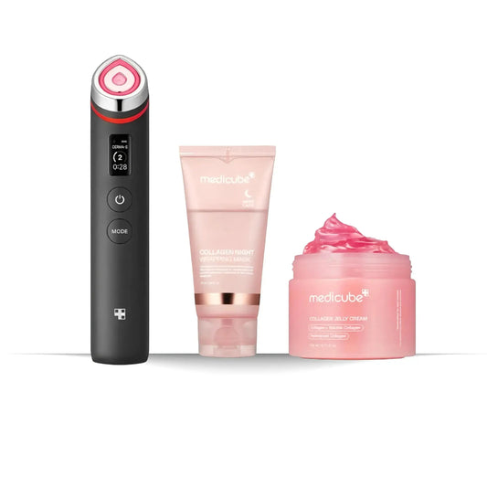 JOLIE'S Medicube Collagen Booster Set for skin care with bottles and skincare products on a clean surface