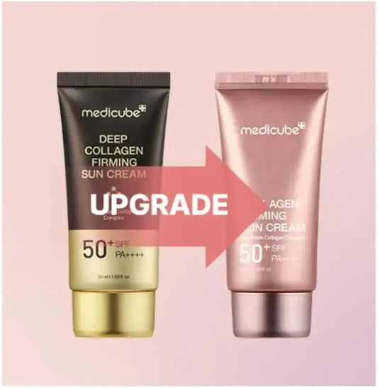 Medicube Collagen Firming Sun Cream 50ml, a lightweight sun protection product with collagen for firming and skincare.