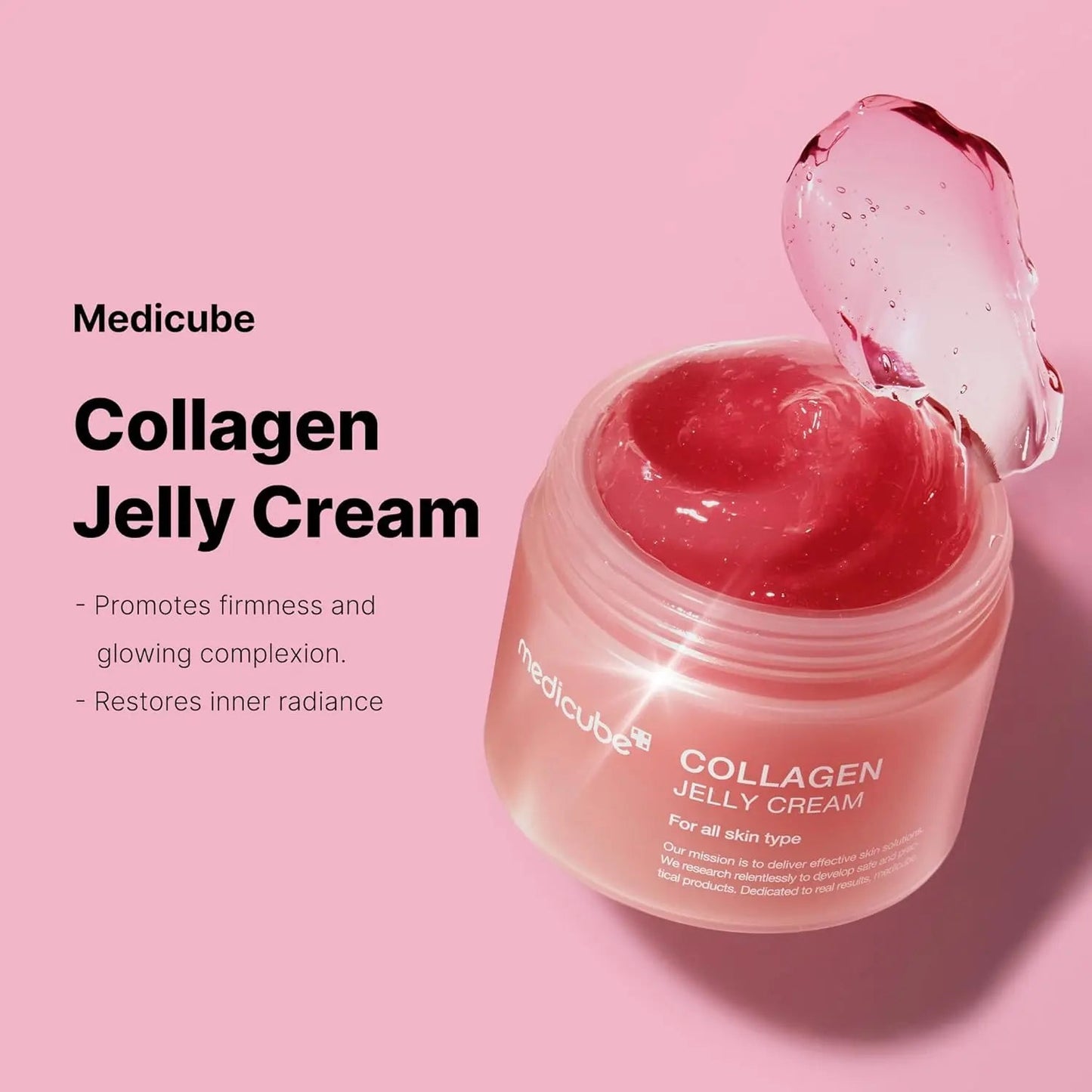 Medicube Collagen Jelly Cream 110ml in a clear jar, showing the creamy texture and transparent lid on a clean background.