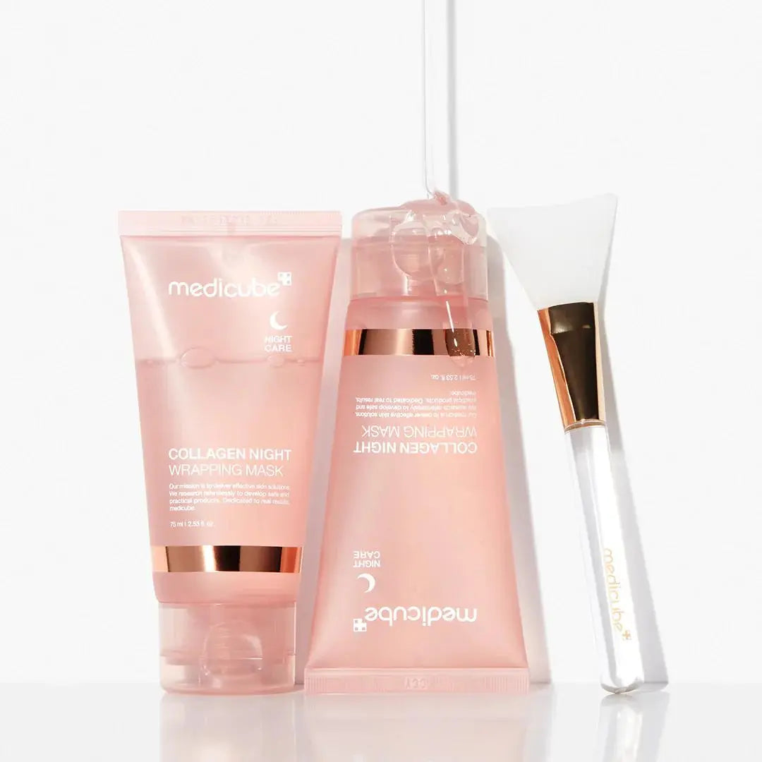 Medicube Collagen Night Wrapping Mask 75ml jar showing the skincare product with a sleek container and lid.